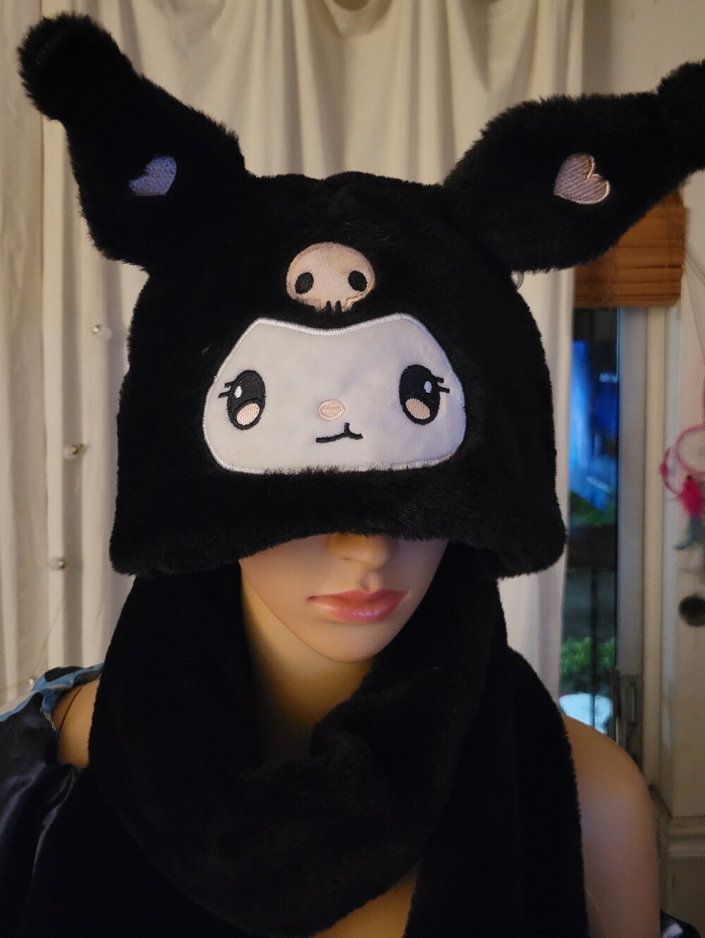 Black Cute Plush Bunny Hat with Heart Accents - Kids Toy Accessory
